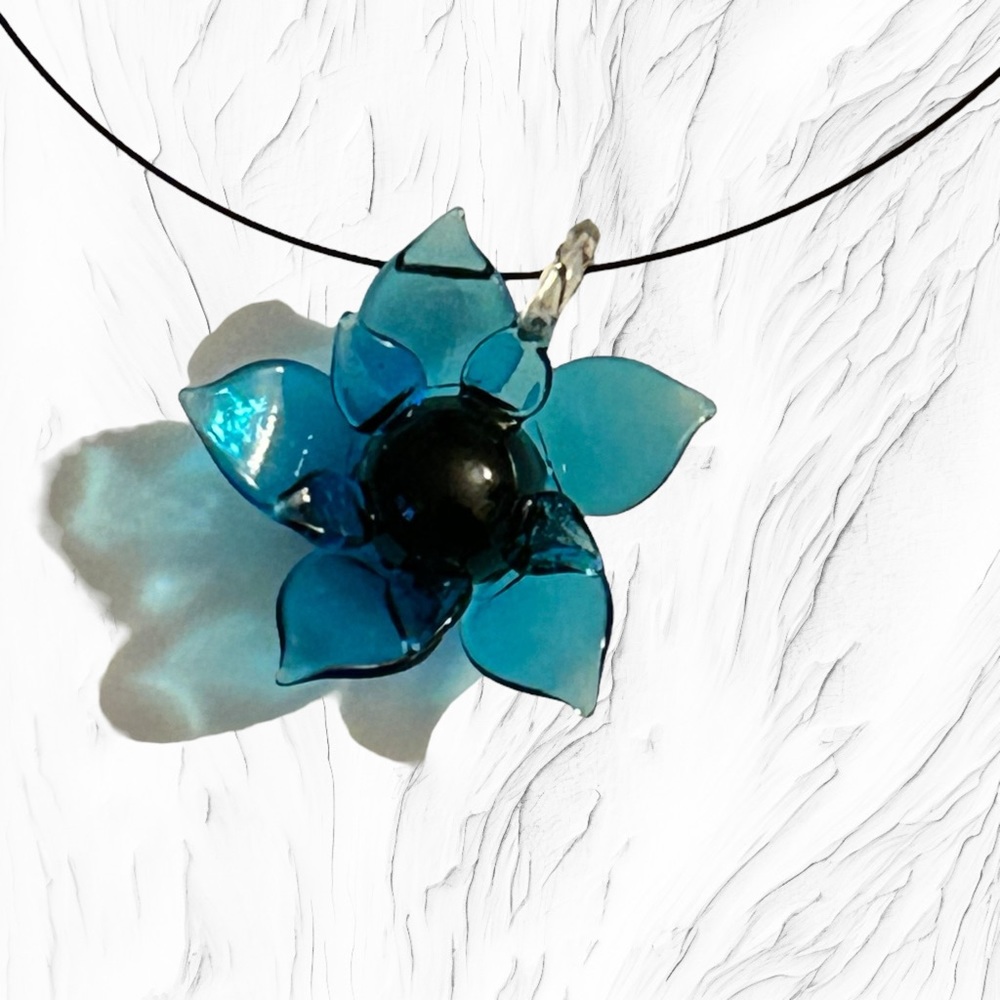 Handmade Necklace Lotus Flower Blue Aqua Glass Statement Piece New - Picture 7 of 9